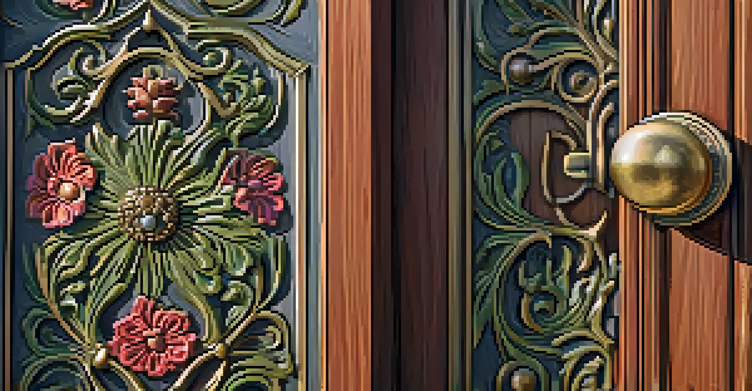 A close-up of an intricately designed wooden door with carvings and flowers around it in Redwood City's Historic District.
