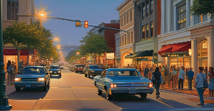 An evening scene in Redwood City with a ridesharing vehicle picking up passengers and local businesses illuminated.
