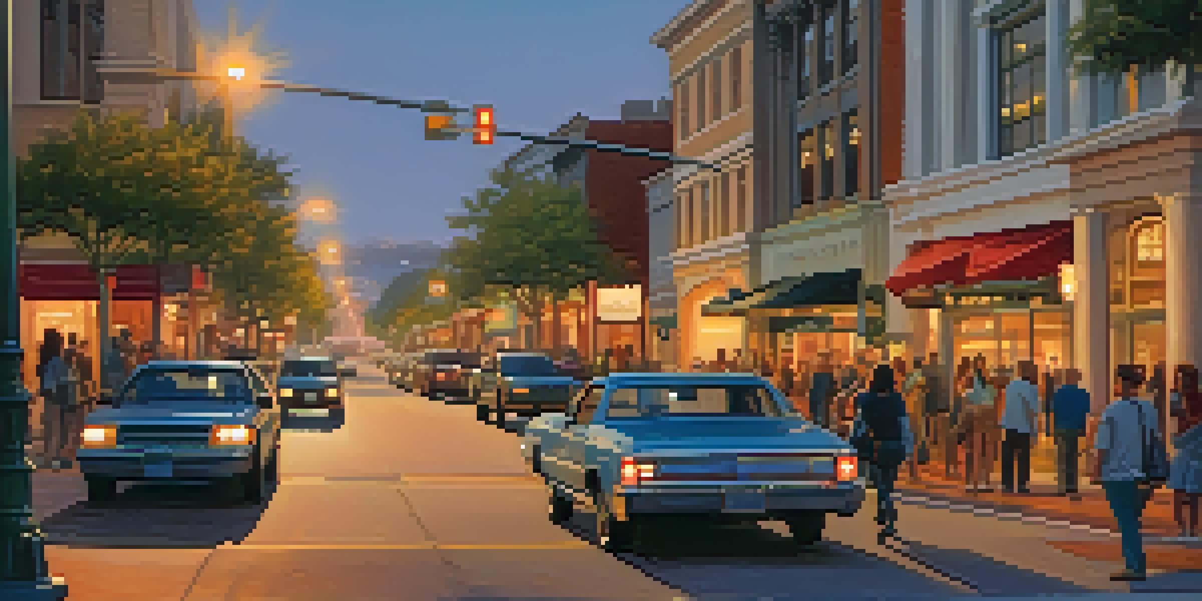 An evening scene in Redwood City with a ridesharing vehicle picking up passengers and local businesses illuminated.