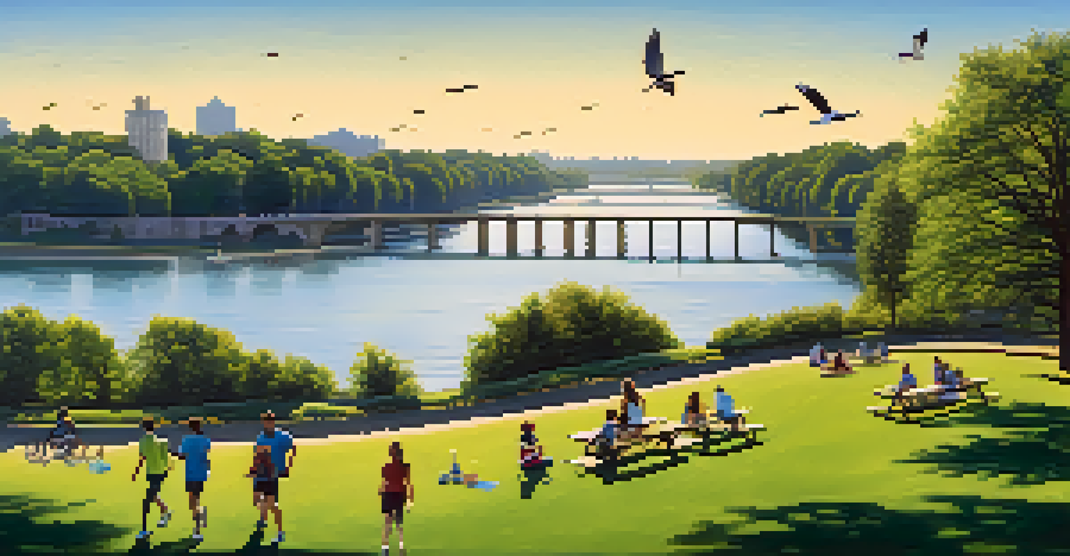 A wide-angle view of Watergate Park showcasing green lawns, picnicking friends, and a scenic walking path beside the waterfront.