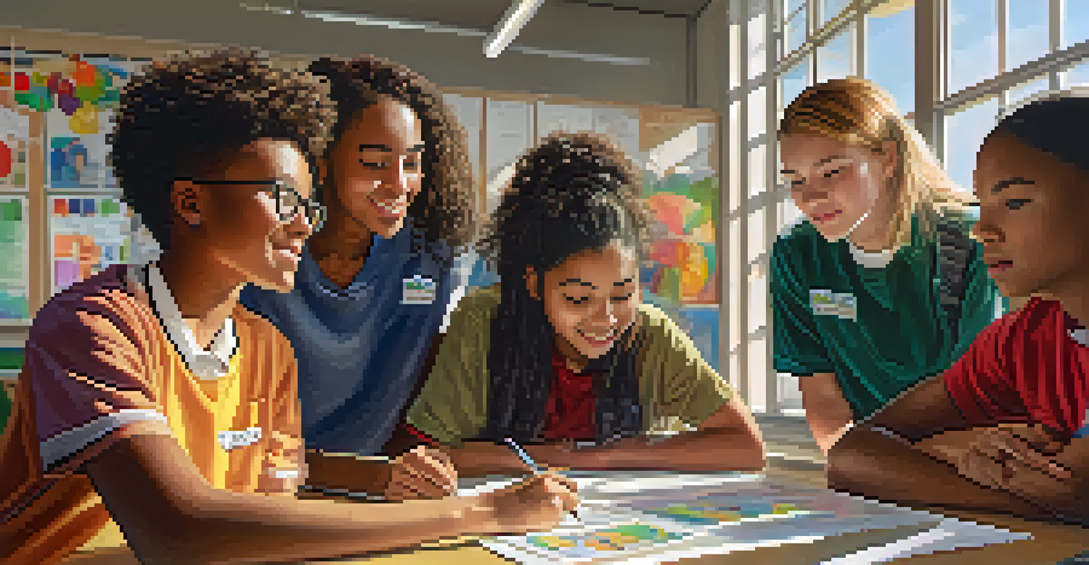 A diverse group of students collaborating on a project in a classroom at Sequoia High School, with a teacher guiding them.