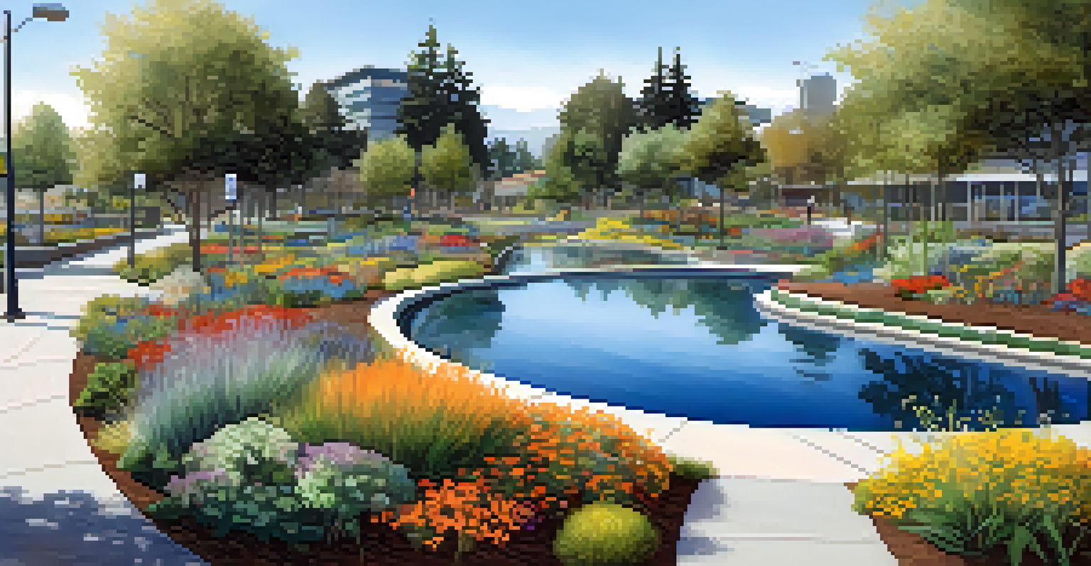 A rain garden in Redwood City with permeable pavements and native plants under clear blue skies.