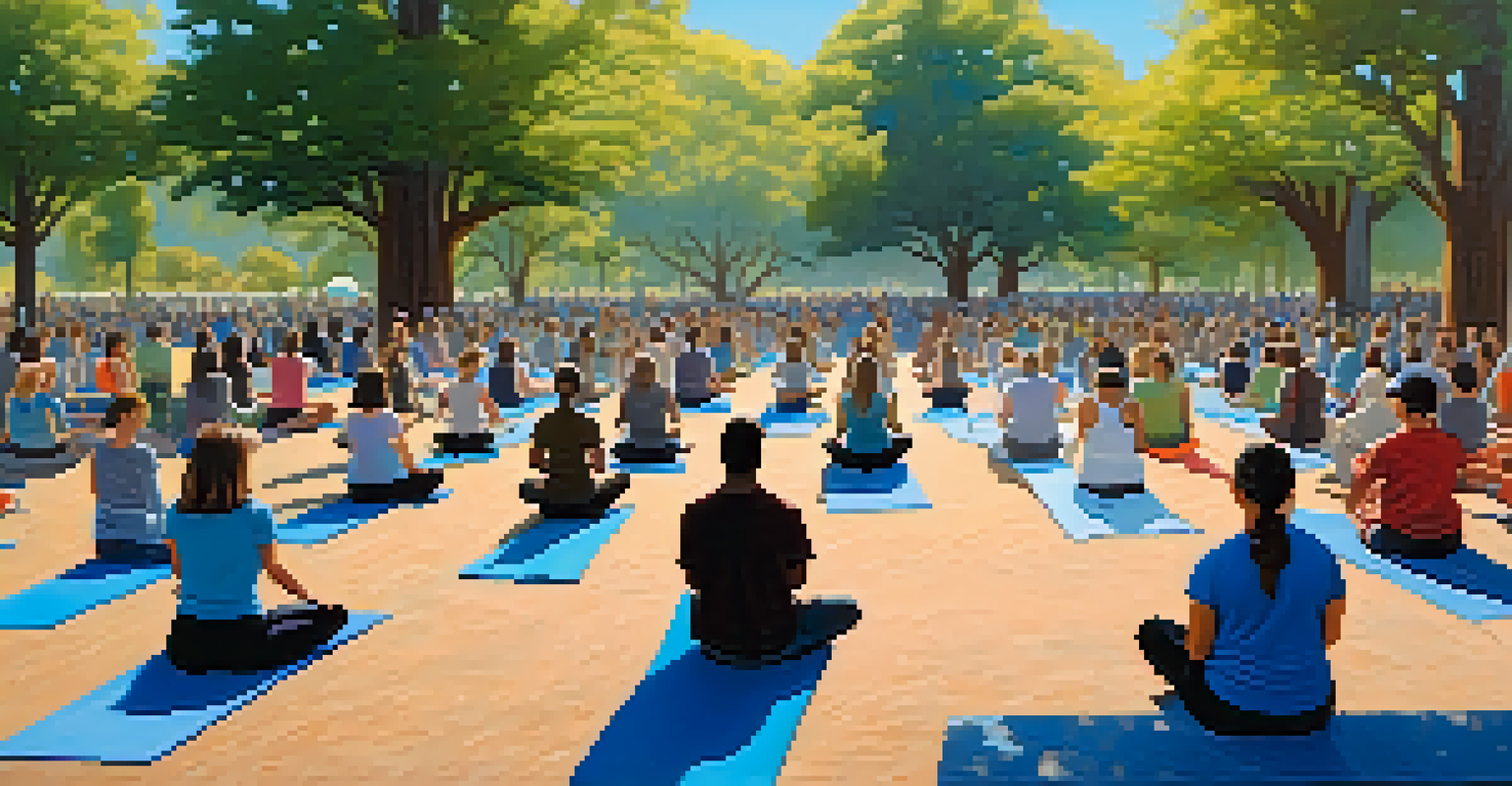 An outdoor yoga session in Redwood City with diverse participants practicing mindfulness surrounded by trees and a clear blue sky.