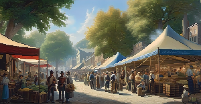 A lively marketplace in Redwood City in 1849, filled with diverse people and colorful stalls, under sunlight filtering through trees.