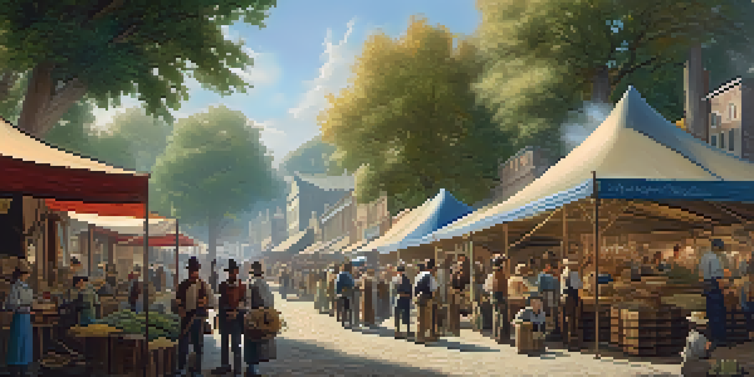 A lively marketplace in Redwood City in 1849, filled with diverse people and colorful stalls, under sunlight filtering through trees.