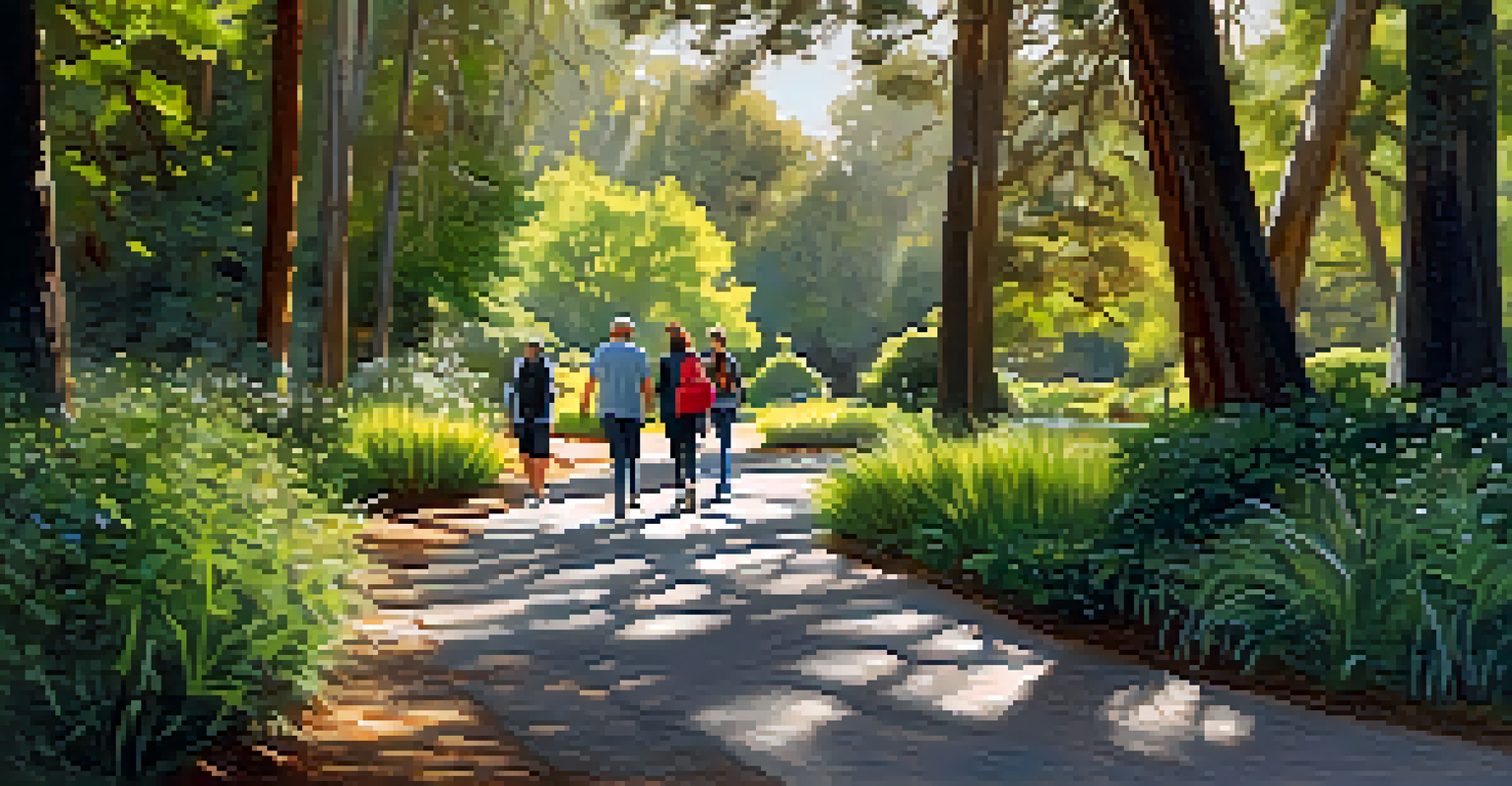 A group of people enjoying a nature walk along a scenic trail in Edgewood Park, surrounded by trees and a peaceful pond.