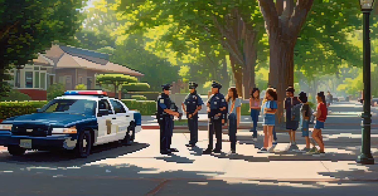 A police officer chatting with teenagers in a green park in Redwood City, surrounded by trees and flowers, under soft afternoon sunlight.
