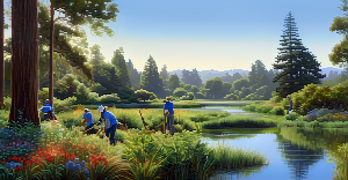 A group of volunteers working in a restored wetland, with green plants and flowers under a blue sky.