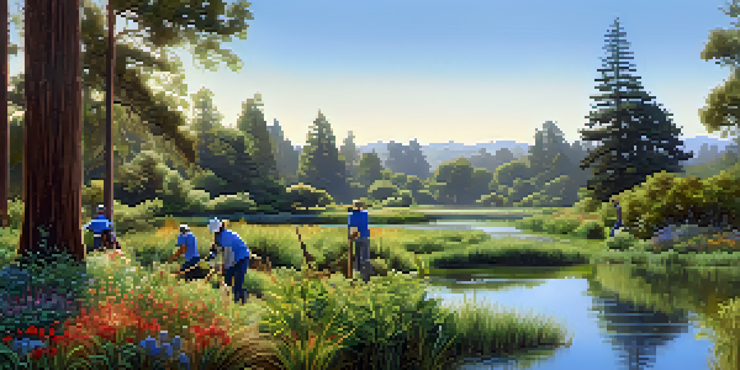 A group of volunteers working in a restored wetland, with green plants and flowers under a blue sky.