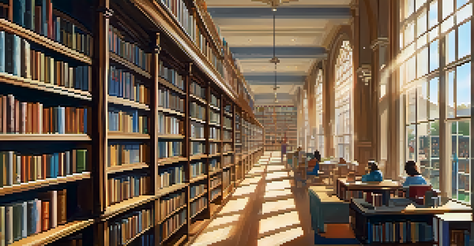 A serene library interior with rows of bookshelves, sunlight streaming through windows, and individuals reading and studying at tables.