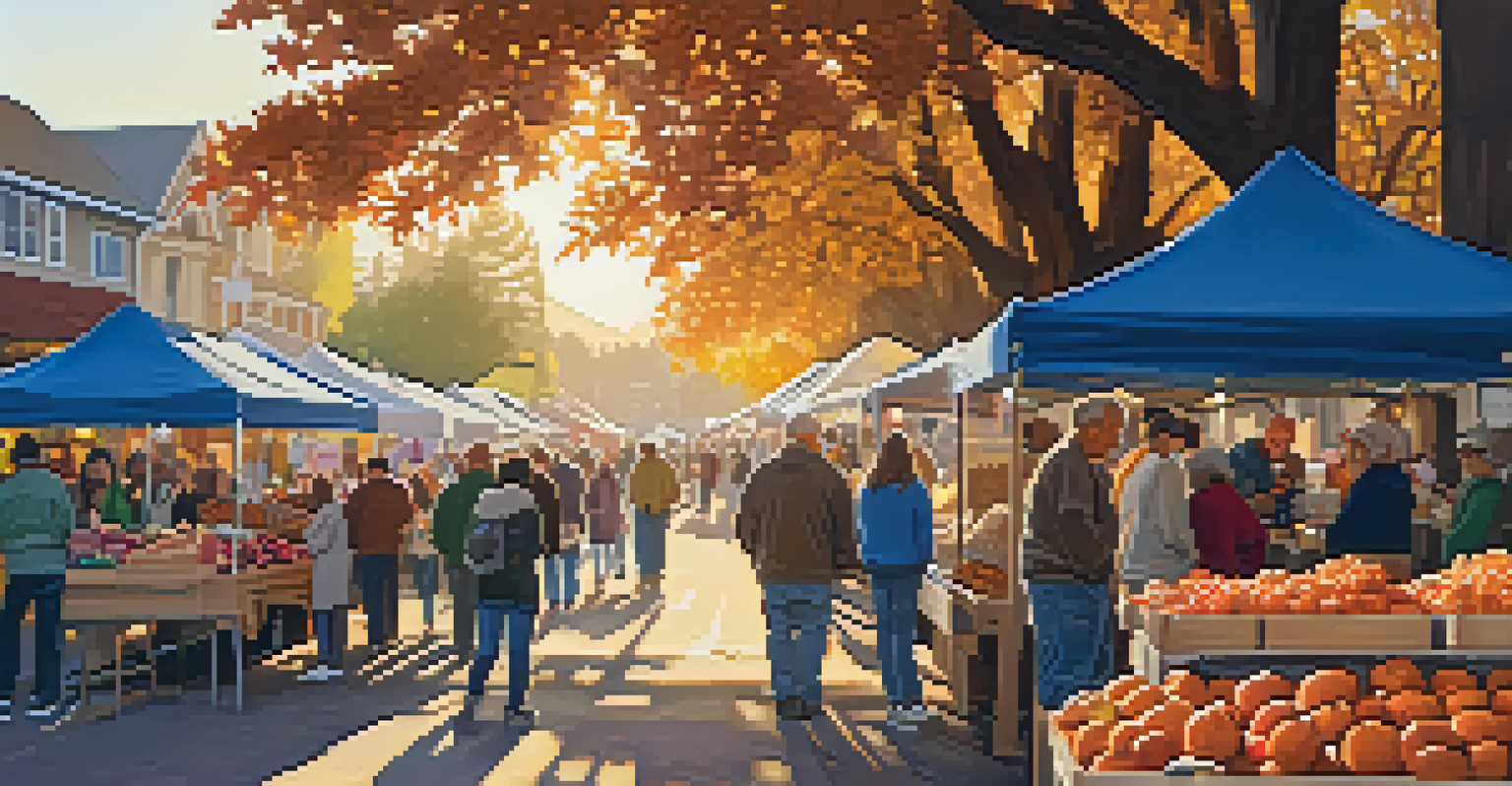 A warm fall farmers' market filled with seasonal produce like apples and pumpkins, with a cozy atmosphere and golden sunset light.