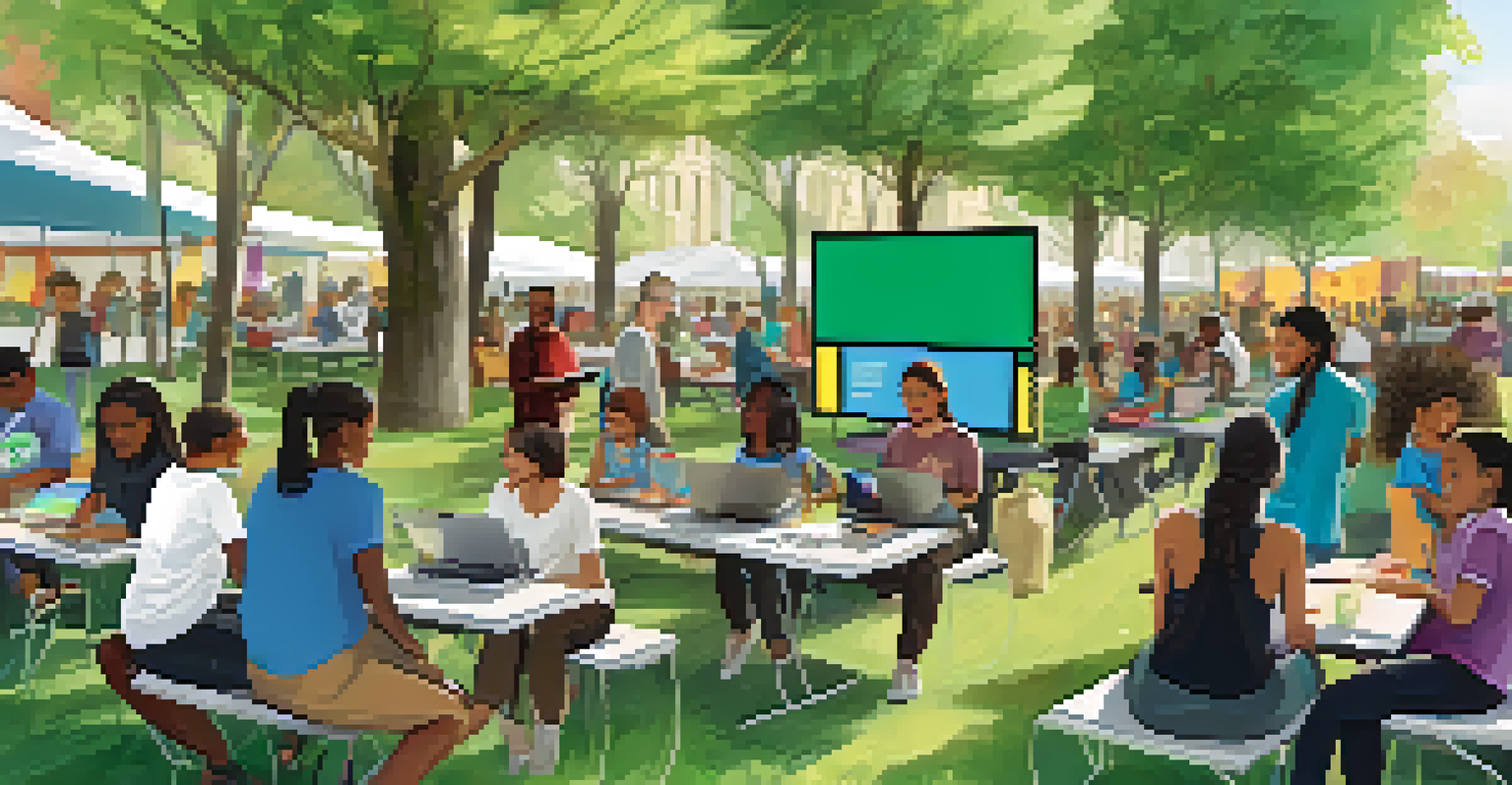 Residents of different ages participating in an outdoor workshop on civic technology, with a facilitator presenting on a large screen.