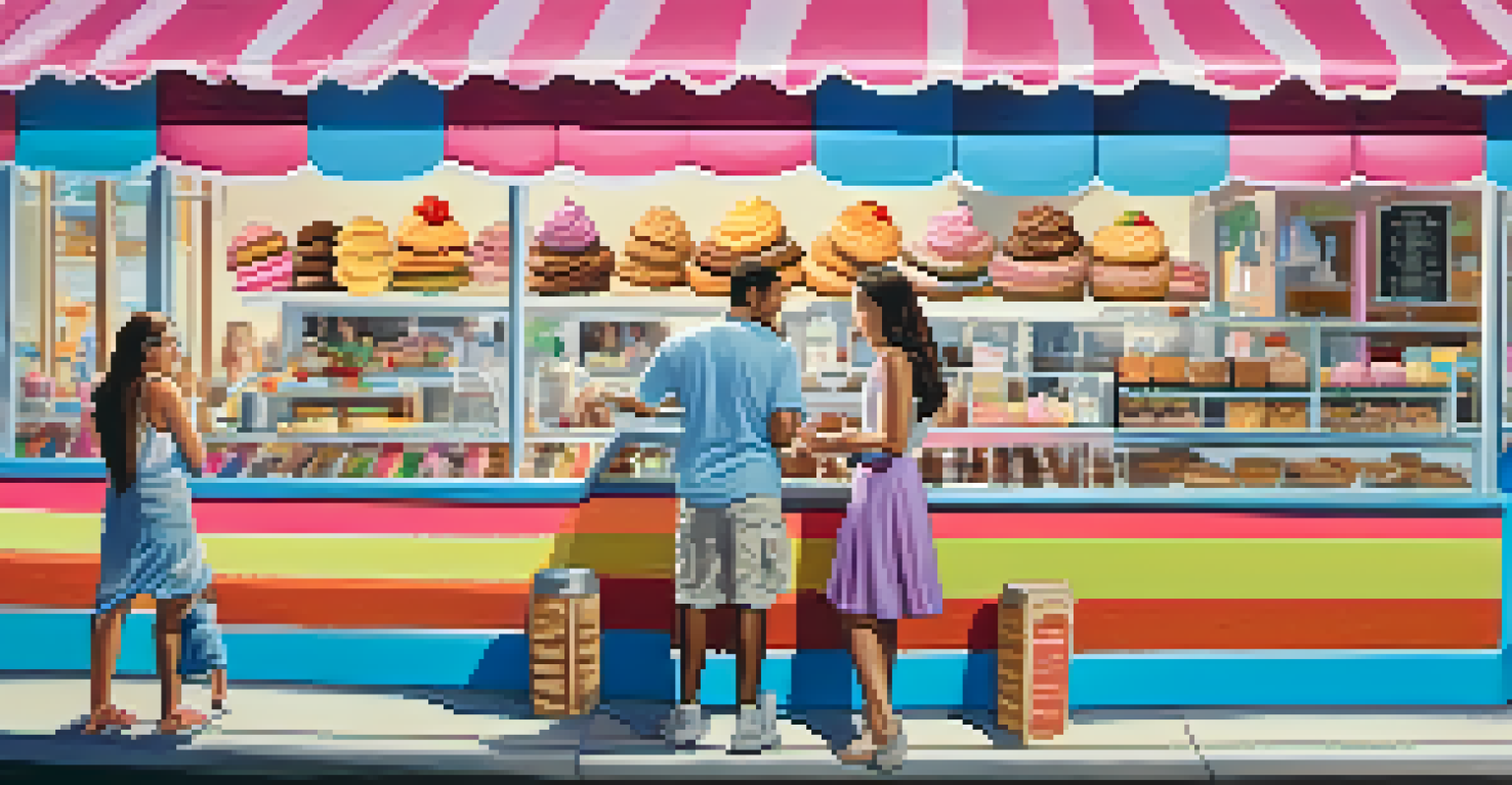 A couple happily making custom ice cream sandwiches in a colorful ice cream shop, showcasing various cookies and ice cream flavors.