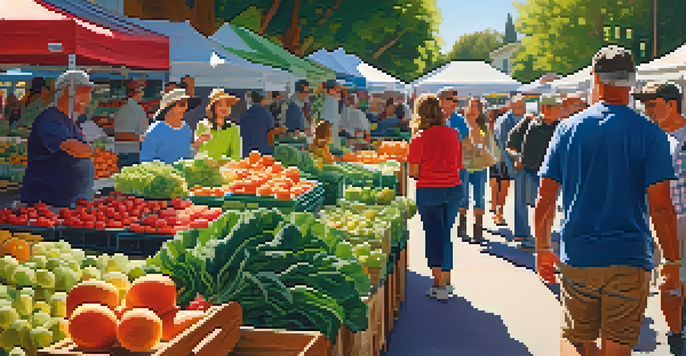 A lively farmers' market with fresh produce and people shopping.