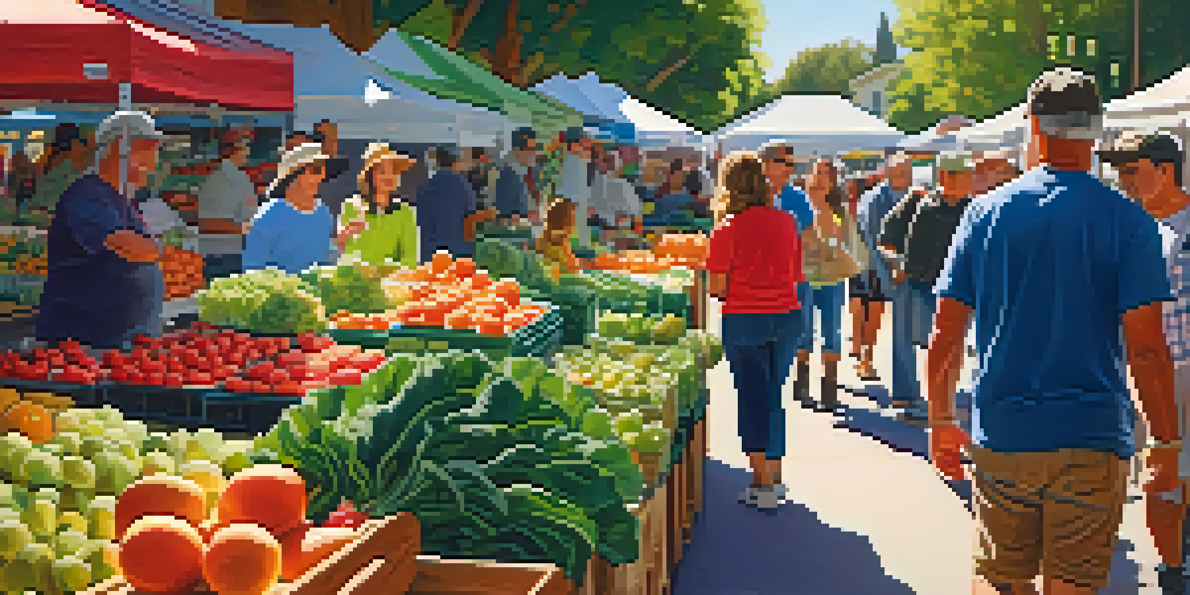 A lively farmers' market with fresh produce and people shopping.
