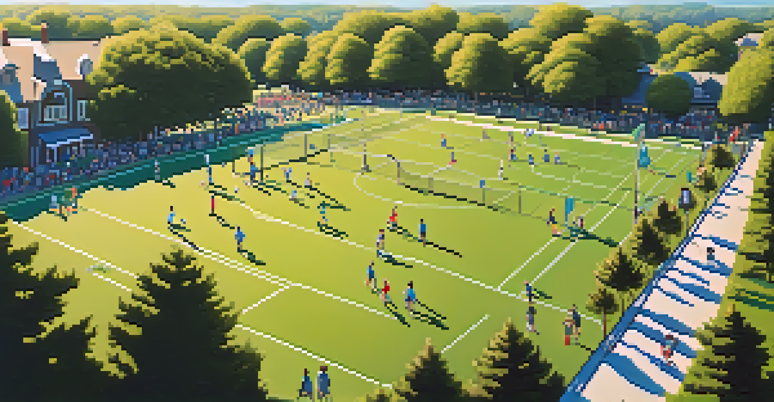 An aerial view of Muir Park filled with families engaging in sports, surrounded by green fields and trees under a clear sky.