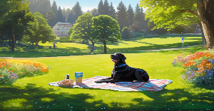 A vibrant park in Redwood City where a dog is playing fetch with its owner, surrounded by blooming flowers and a picnic setup.