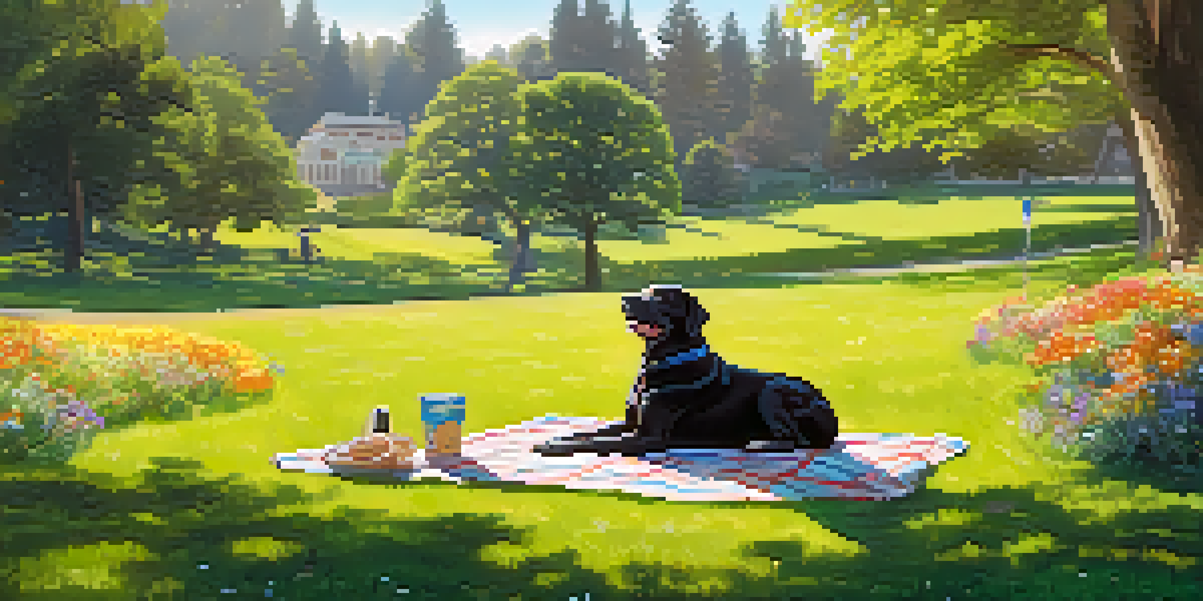 A vibrant park in Redwood City where a dog is playing fetch with its owner, surrounded by blooming flowers and a picnic setup.