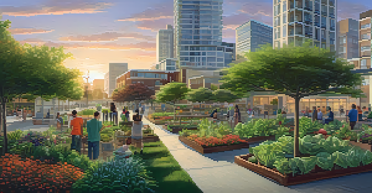 A panoramic view of Redwood City with modern eco-friendly buildings and a community garden in the foreground, illuminated by a warm sunset.