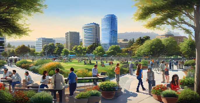 A panoramic view of Redwood City featuring modern office buildings, lush parks, and professionals networking outdoors under a clear blue sky.