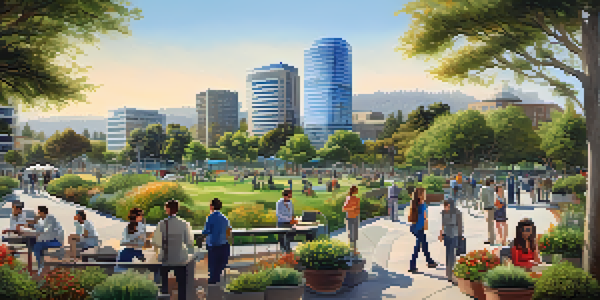 A panoramic view of Redwood City featuring modern office buildings, lush parks, and professionals networking outdoors under a clear blue sky.