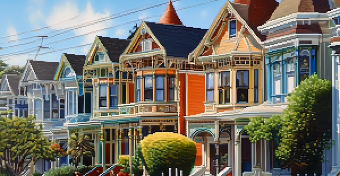 A scenic view of Victorian houses in Redwood City's Historic District, surrounded by trees and a clear sky.