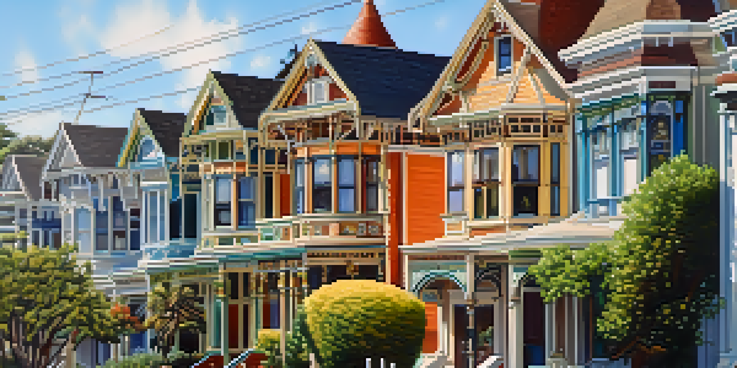 A scenic view of Victorian houses in Redwood City's Historic District, surrounded by trees and a clear sky.