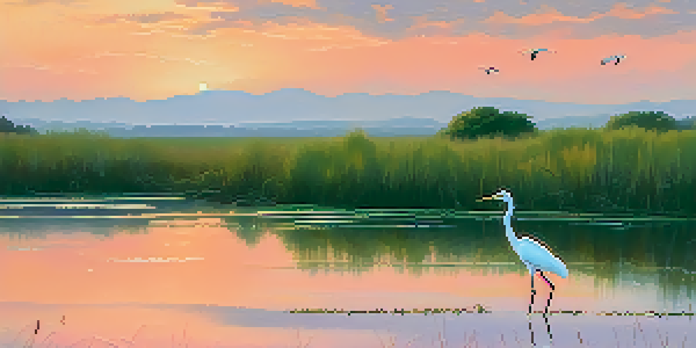 A peaceful sunrise landscape at Bair Island Ecological Reserve with a Great Egret and other shorebirds in a tidal marsh.