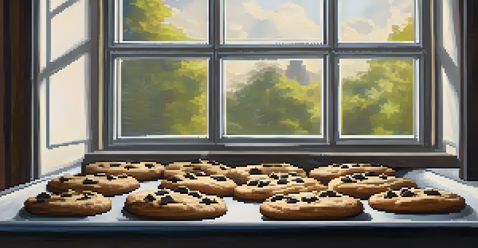 A rack of freshly baked thick and chewy cookies with melting chocolate chunks, set in a warm kitchen atmosphere.