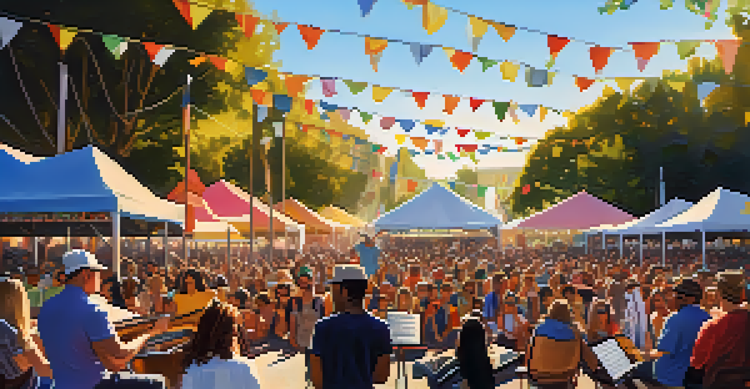 A vibrant outdoor music festival in Redwood City with musicians performing and an enthusiastic crowd enjoying the event.