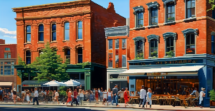 A lively urban street scene with modern skyscrapers and historical buildings, populated with pedestrians and outdoor cafes under a clear blue sky.