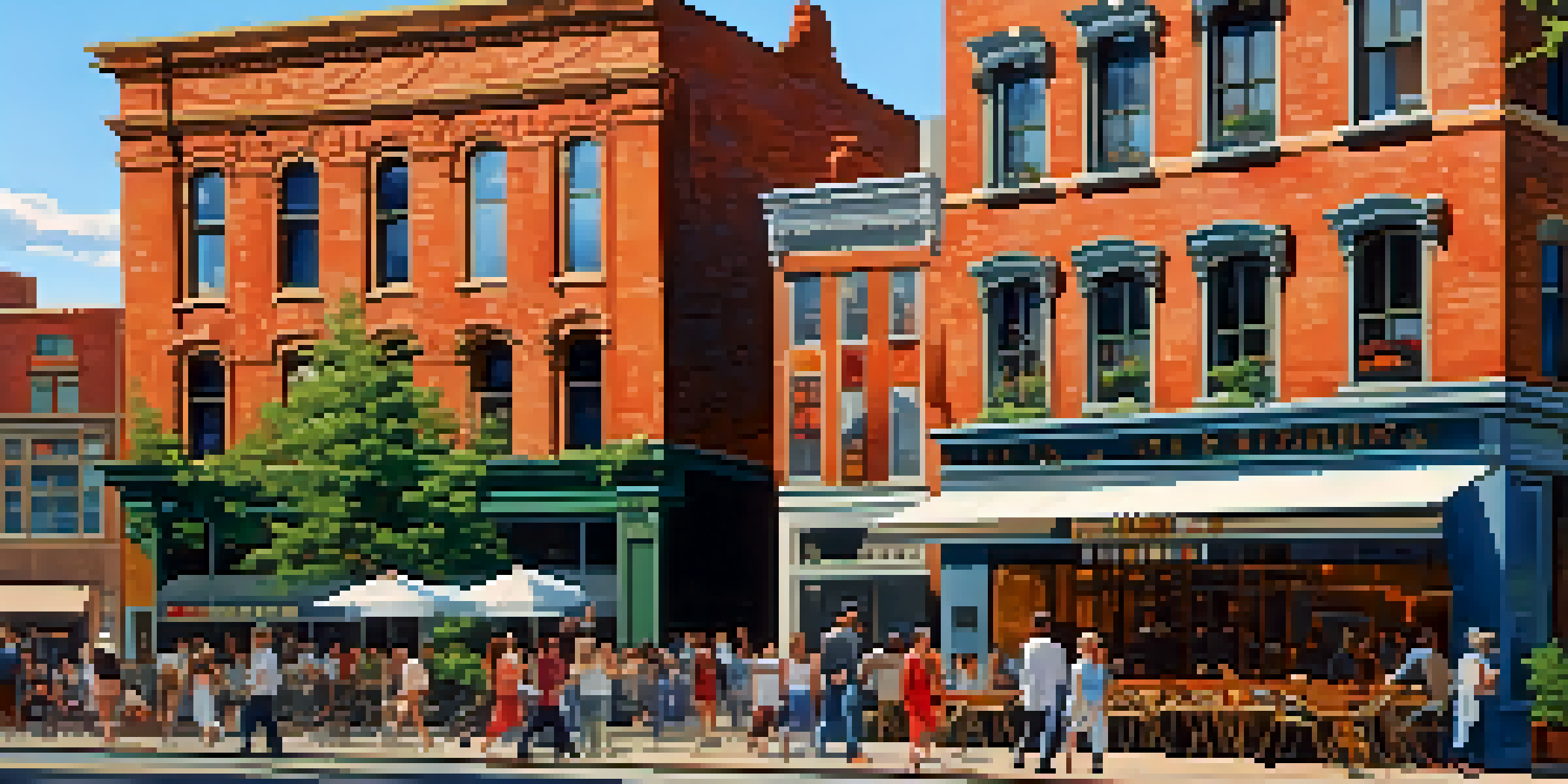 A lively urban street scene with modern skyscrapers and historical buildings, populated with pedestrians and outdoor cafes under a clear blue sky.