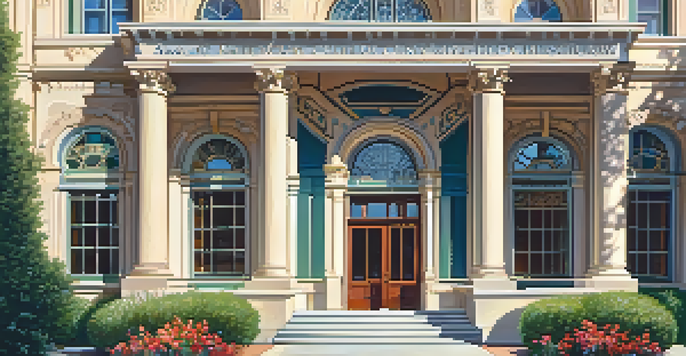 Exterior view of the San Mateo County History Museum with lush greenery and flowers under warm sunlight.