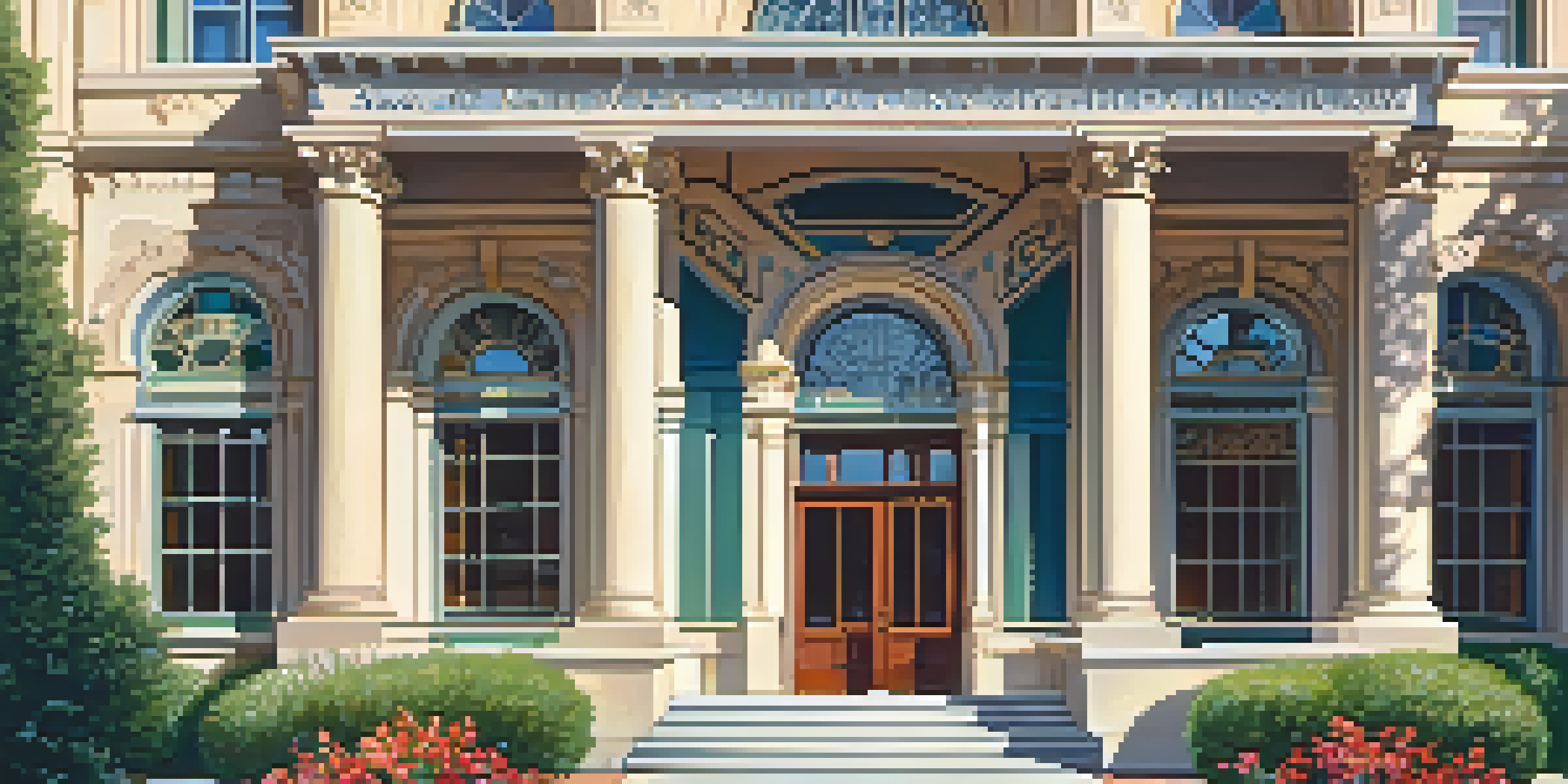 Exterior view of the San Mateo County History Museum with lush greenery and flowers under warm sunlight.