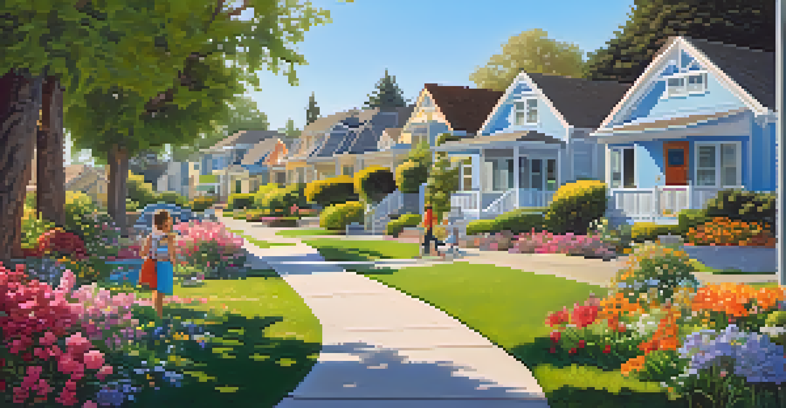 A peaceful suburban neighborhood in Redwood City with children playing, homes with gardens, and people walking, under a clear blue sky.
