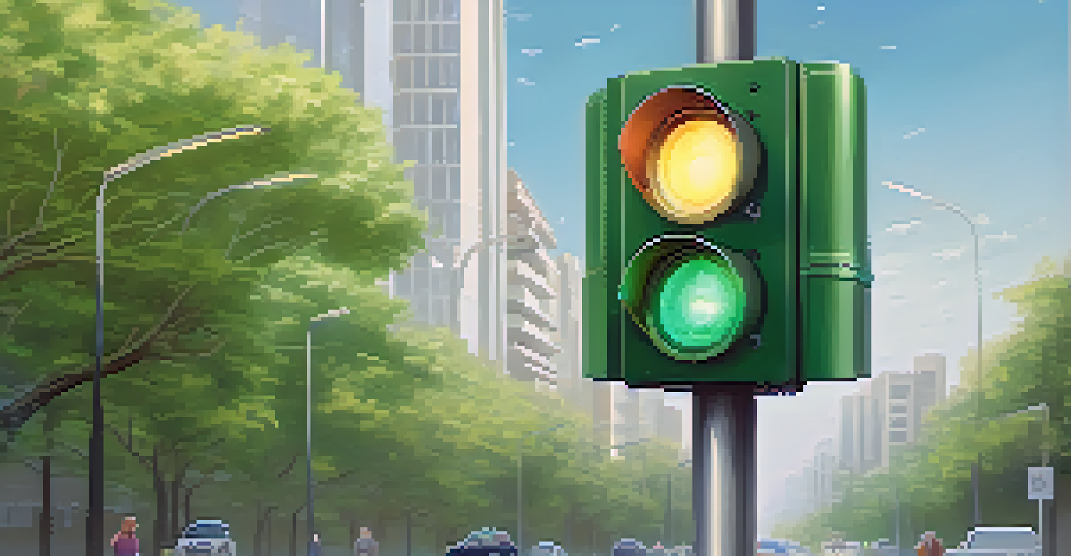 A close-up of a modern traffic sensor on a street lamp surrounded by greenery, with vehicles passing in the background.