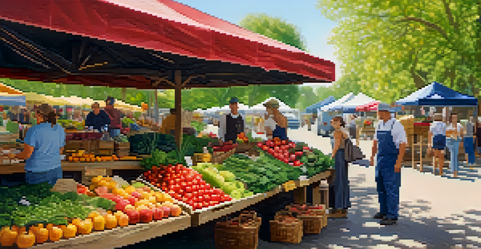 A lively farmers' market with colorful fruits and vegetables, vendors interacting with customers, and sunlight filtering through trees.