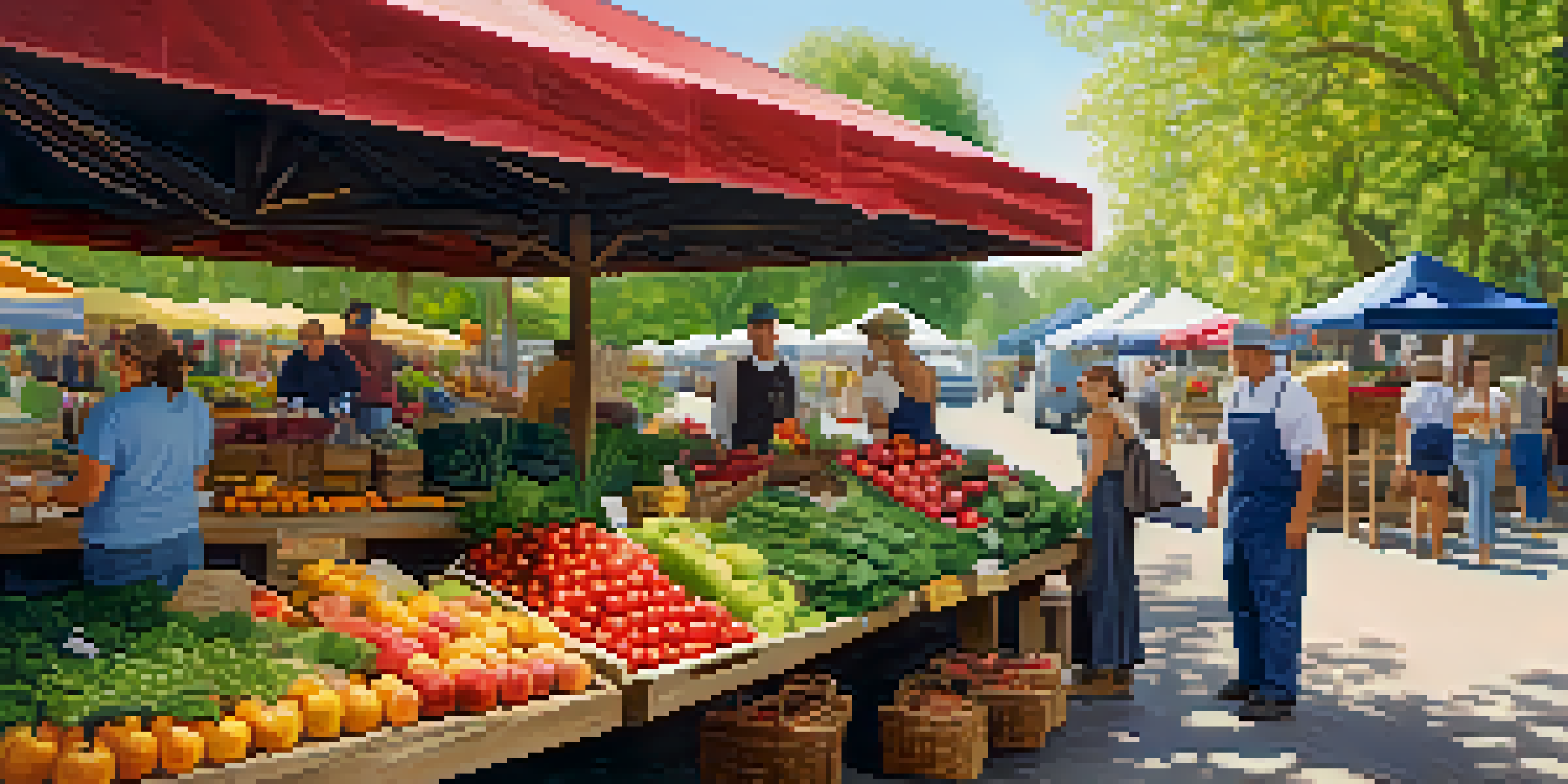 A lively farmers' market with colorful fruits and vegetables, vendors interacting with customers, and sunlight filtering through trees.