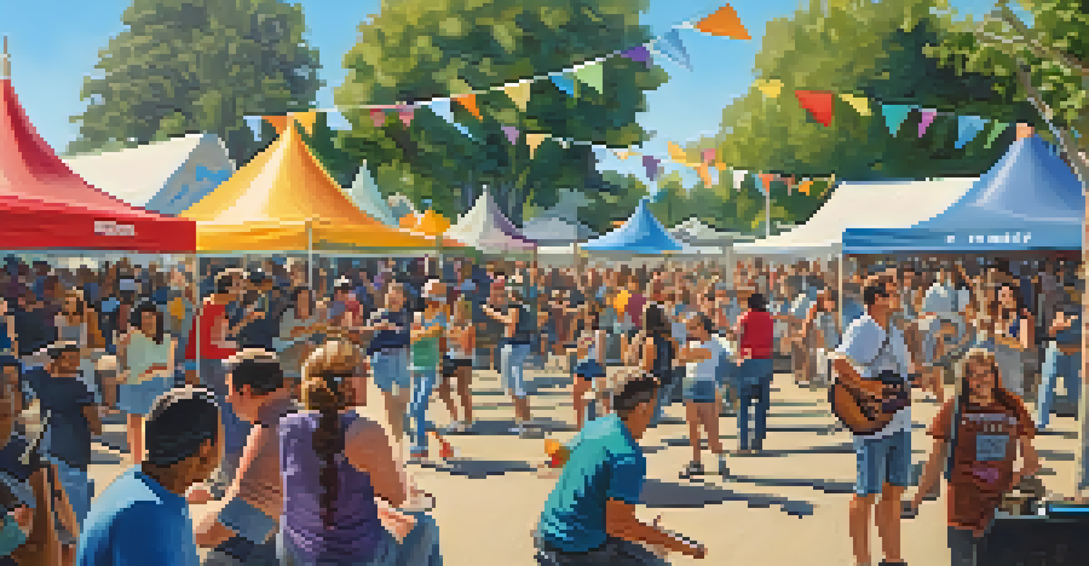 A lively outdoor music festival in a park in Redwood City, with musicians on stage and a crowd dancing and enjoying the atmosphere.