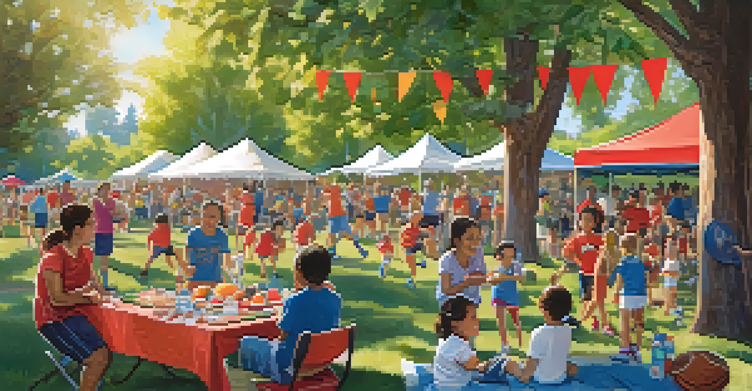 A festive community event in Redwood City with families enjoying picnics and celebrating local sports.