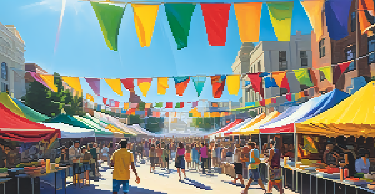 An outdoor arts festival with artists, performers, and a crowd enjoying the festivities under bright sunlight.