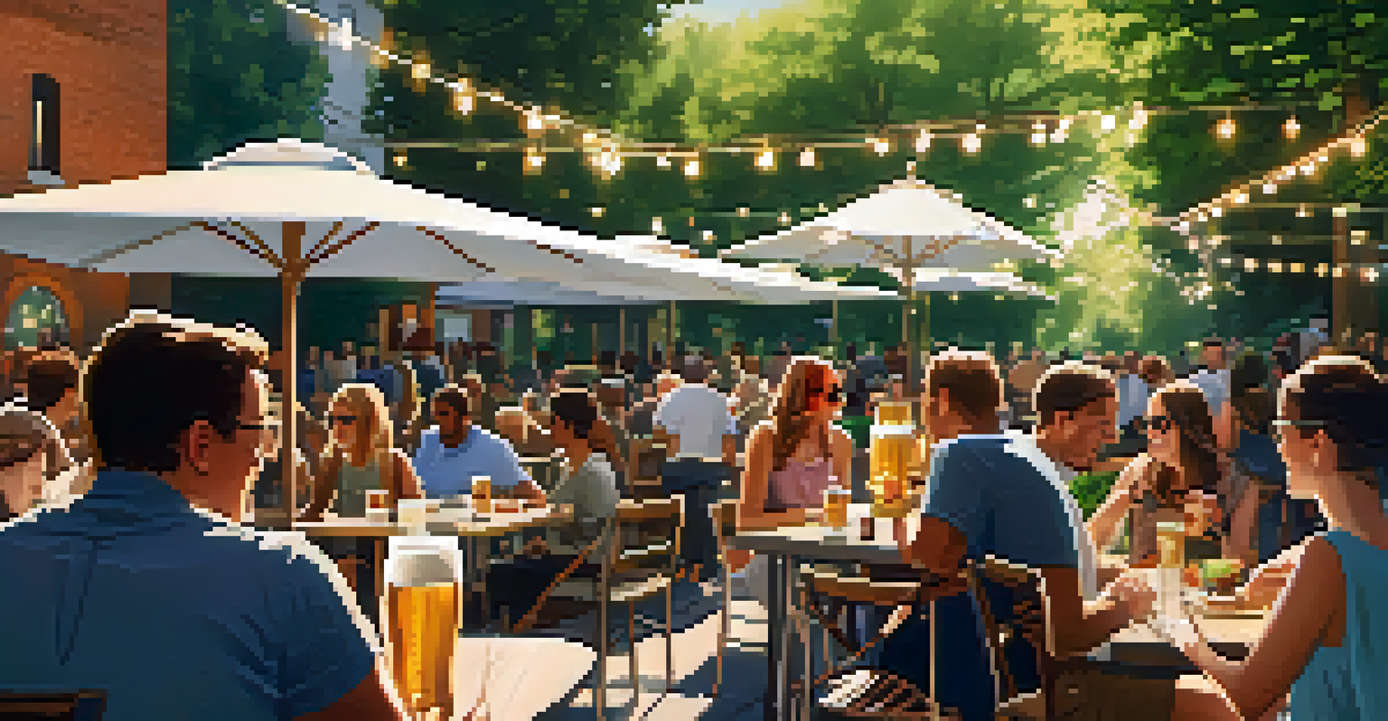 An outdoor beer garden with tables under umbrellas, friends enjoying craft beers, and lush greenery around.