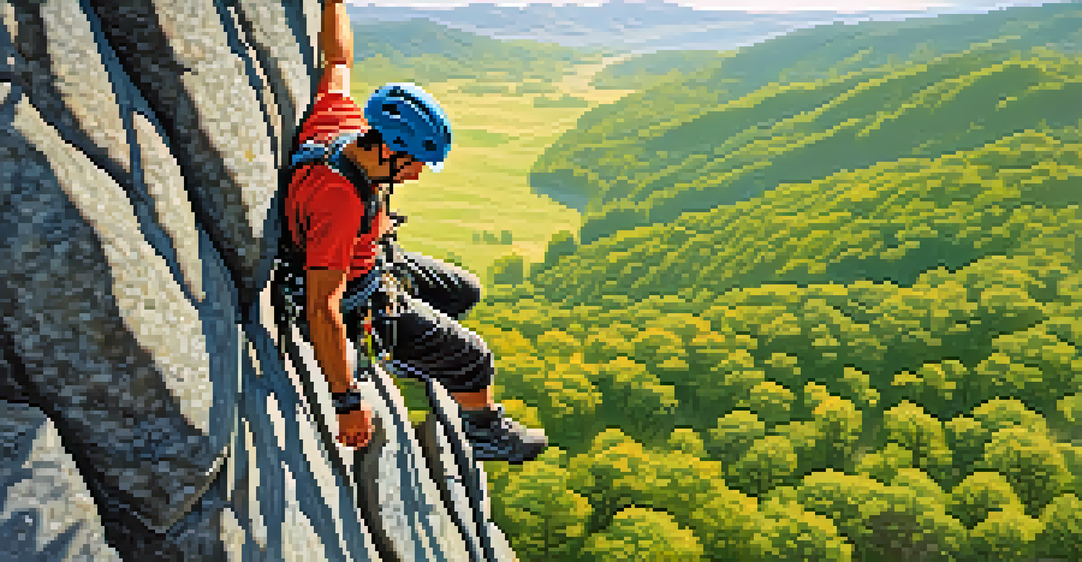 A climber ascending a granite cliff with trees and a valley view in the background, illuminated by sunlight.