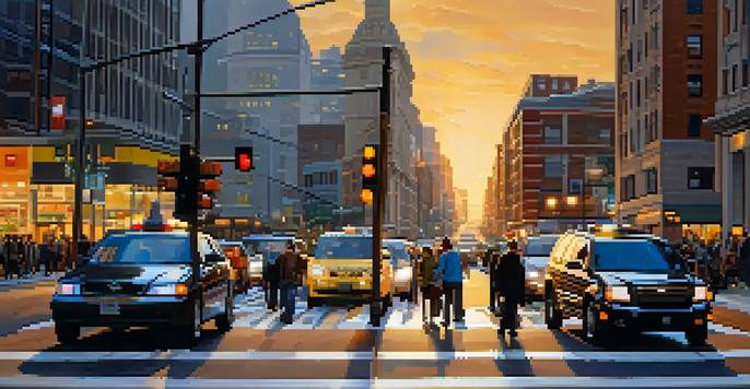 An urban intersection filled with vehicles and pedestrians, featuring changing traffic signals and smart sensors on lamp posts during sunset.