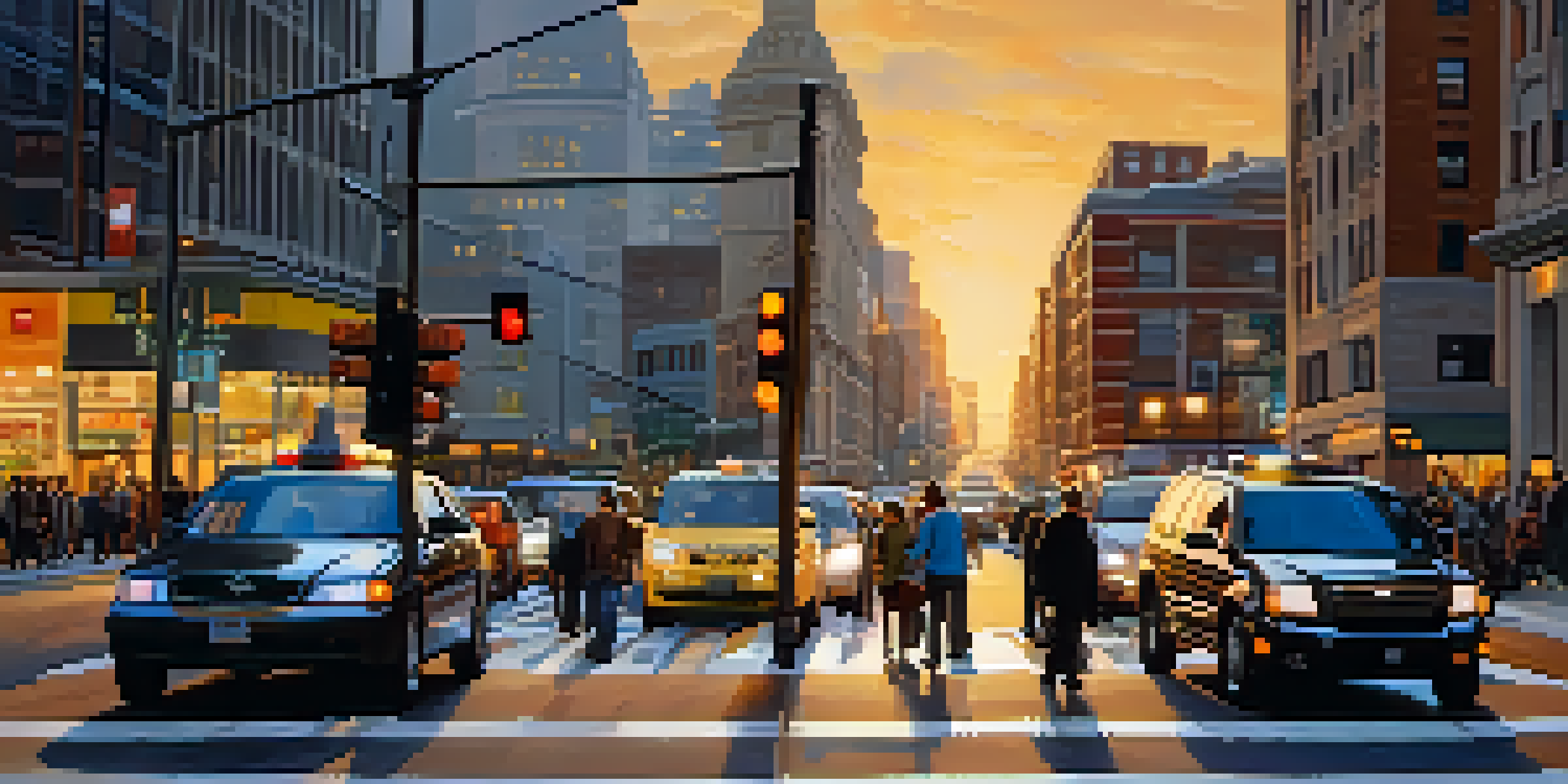 An urban intersection filled with vehicles and pedestrians, featuring changing traffic signals and smart sensors on lamp posts during sunset.