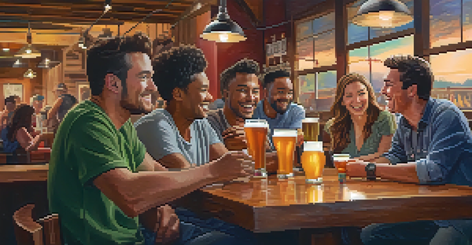 A group of friends at a brewery, enjoying craft beers and food in a warm atmosphere.