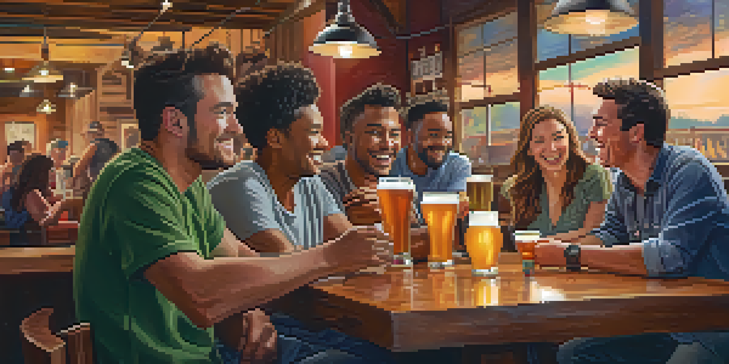 A group of friends at a brewery, enjoying craft beers and food in a warm atmosphere.