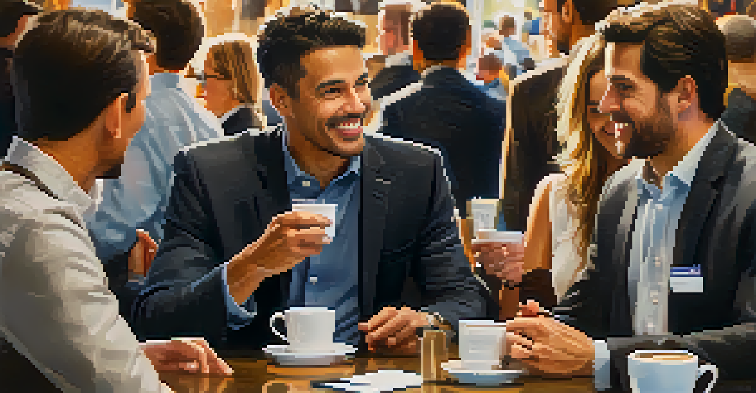 Two entrepreneurs having an enthusiastic conversation over coffee, surrounded by business materials in a networking event.