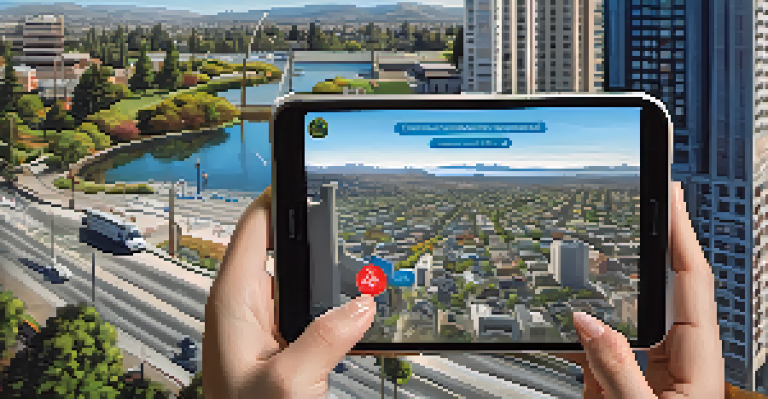 A resident of Redwood City using an emergency management app on their smartphone with a city view in the background.