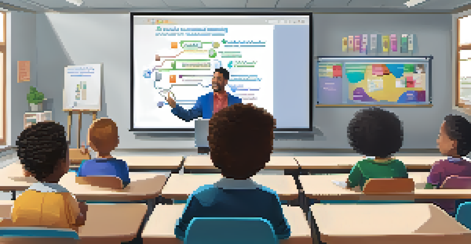 A teacher in a blended learning classroom using a smart board, with students using laptops and engaging in hands-on activities.
